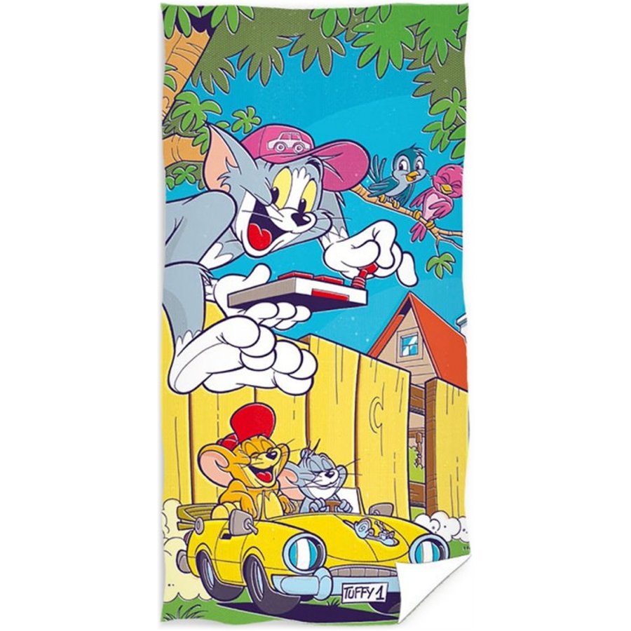 Carbotex · Plážová osuška Tom a Jerry ve žlutém kabrioletu - 100% bavlna, froté s gramáží 300 gr./m² - 70 x 140 cm