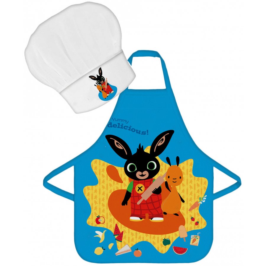BrandMac · Dětská / chlapecká zástěra s kuchařskou čepicí Zajíček Bing - motiv Yummy delicious! - 2 díly