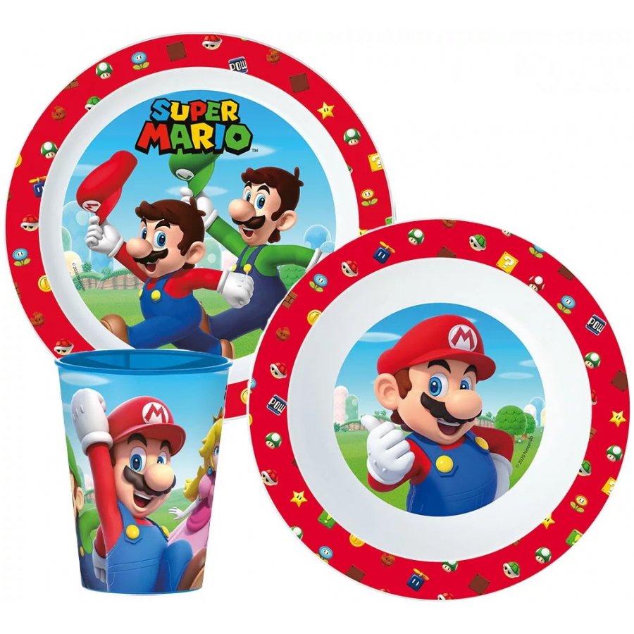 Stor · Sada plastového nádobí s kelímkem pro děti - motiv Super Mario / Nintendo - 3 díly