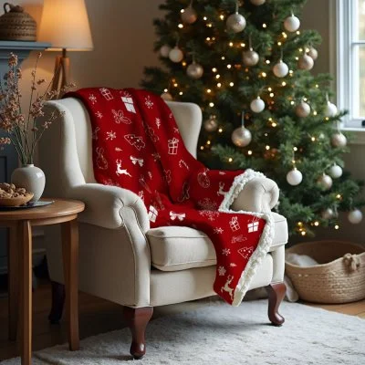 Červená vánoční deka s beránkem