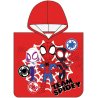 Dětské koupací pončo Spidey – motiv Tým malých hrdinů. Vyrobeno ze 100% bavlny s gramáží 300 g/m², rozměr 50 × 115 cm. Červené pončo s kapucí zdobí postavičky Spideyho, Ghost-Spider a Milese Moralese, známé z animovaného seriálu Spidey a jeho úžasní přátelé. Vhodné pro děti od 3 do 6 let.