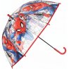 Dětský průhledný deštník s motivem Spiderman. Kovová konstrukce, potah z odolného materiálu POE, plastová rukojeť s hladkým povrchem přizpůsobená pro malé ruce. Průměr rozevřeného deštníku je cca 70 cm.