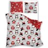 Oboustranná vánoční souprava ložního povlečení s motivem malých tučňáků na světle šedém podkladu a sněhových vloček na červeném podkladu na druhé straně. Povlečení je vyrobeno ze 100% bavlny, obsahuje 1x povlak na přikrývku 140×200 cm a 1x povlak na polštář 70×90 cm (±3 %), zapínání je na zip.