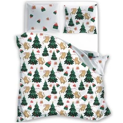 Vánoční saténové ložní povlečení - Kočičí Vánoce