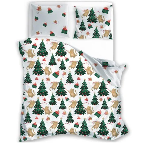 Vánoční saténové ložní povlečení - Kočičí Vánoce