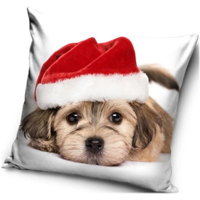 Vánoční povlak na polštář Štěně s červenou čepičkou