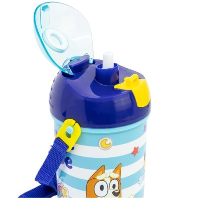 Plastová láhev na pití s brčkem, víčkem a popruhem Bluey