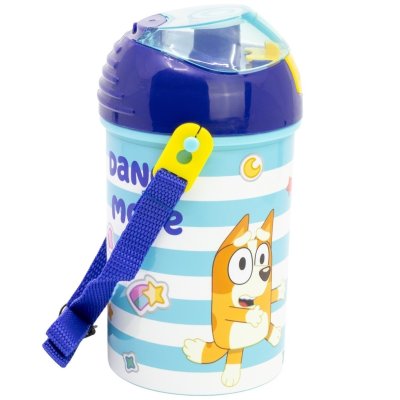 Plastová láhev na pití s brčkem, víčkem a popruhem Bluey