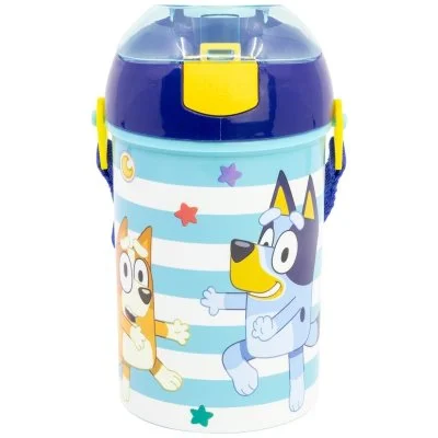Plastová láhev na pití s brčkem, víčkem a popruhem Bluey