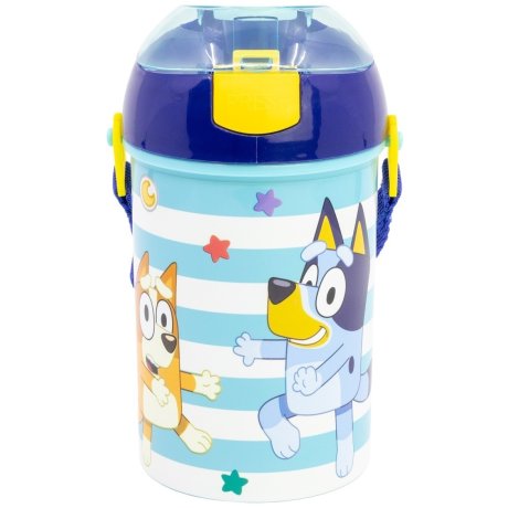 Plastová láhev na pití s brčkem, víčkem a popruhem Bluey