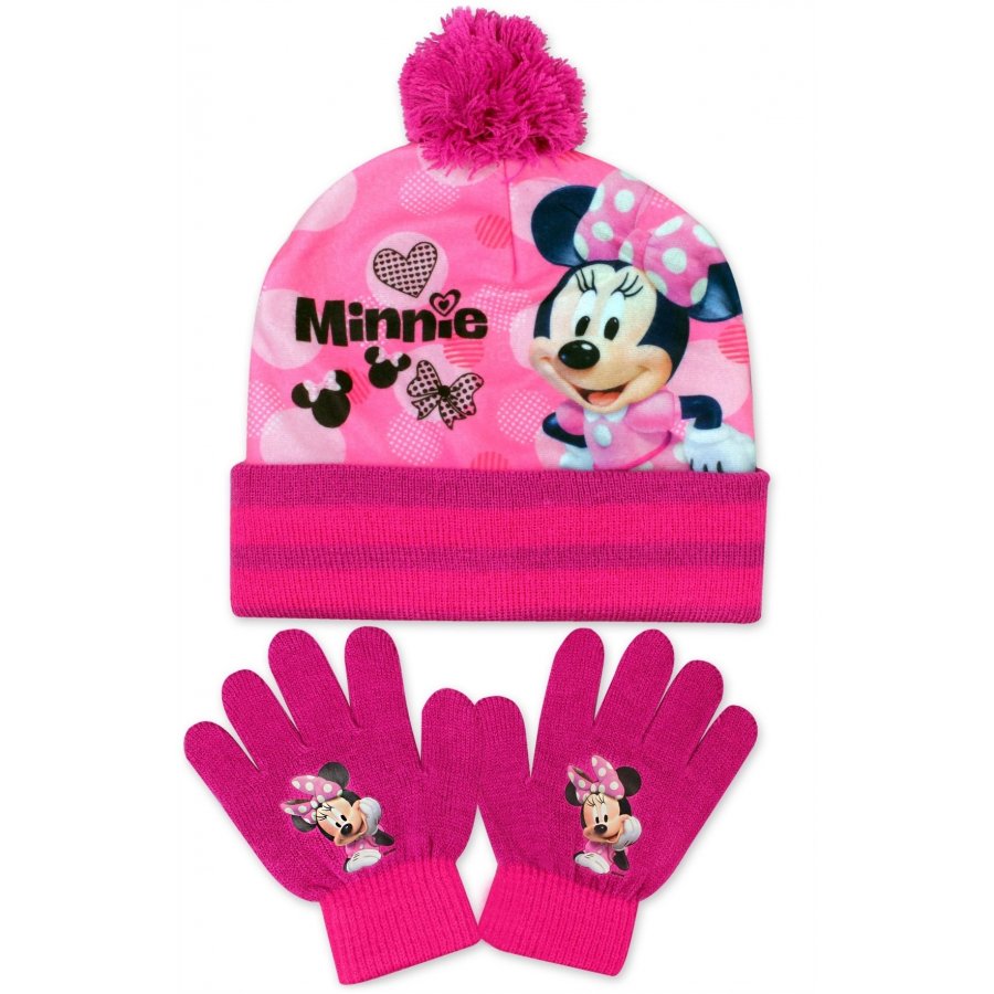 Setino · Dětská / dívčí zimní čepice + prstové rukavice Minnie Mouse - Disney - Růžová