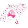 Dětský transparentní deštník Prasátko Peppa. Zdobí jej obrázek Prasátka Pepiny a spousta srdíček. Konstrukce deštníku je kovová s automaticky rozevíracím mechanismem. Potah deštníku je vyroben z transparentního polyolefinového elastomeru (POE) což zaručuje vysokou odolnost. Spodní rukojeť je plastová s příjemně hladkým povrchem. Průměr roztaženého deštníku je cca 71 cm, délka složeného deštníku je 61 cm.